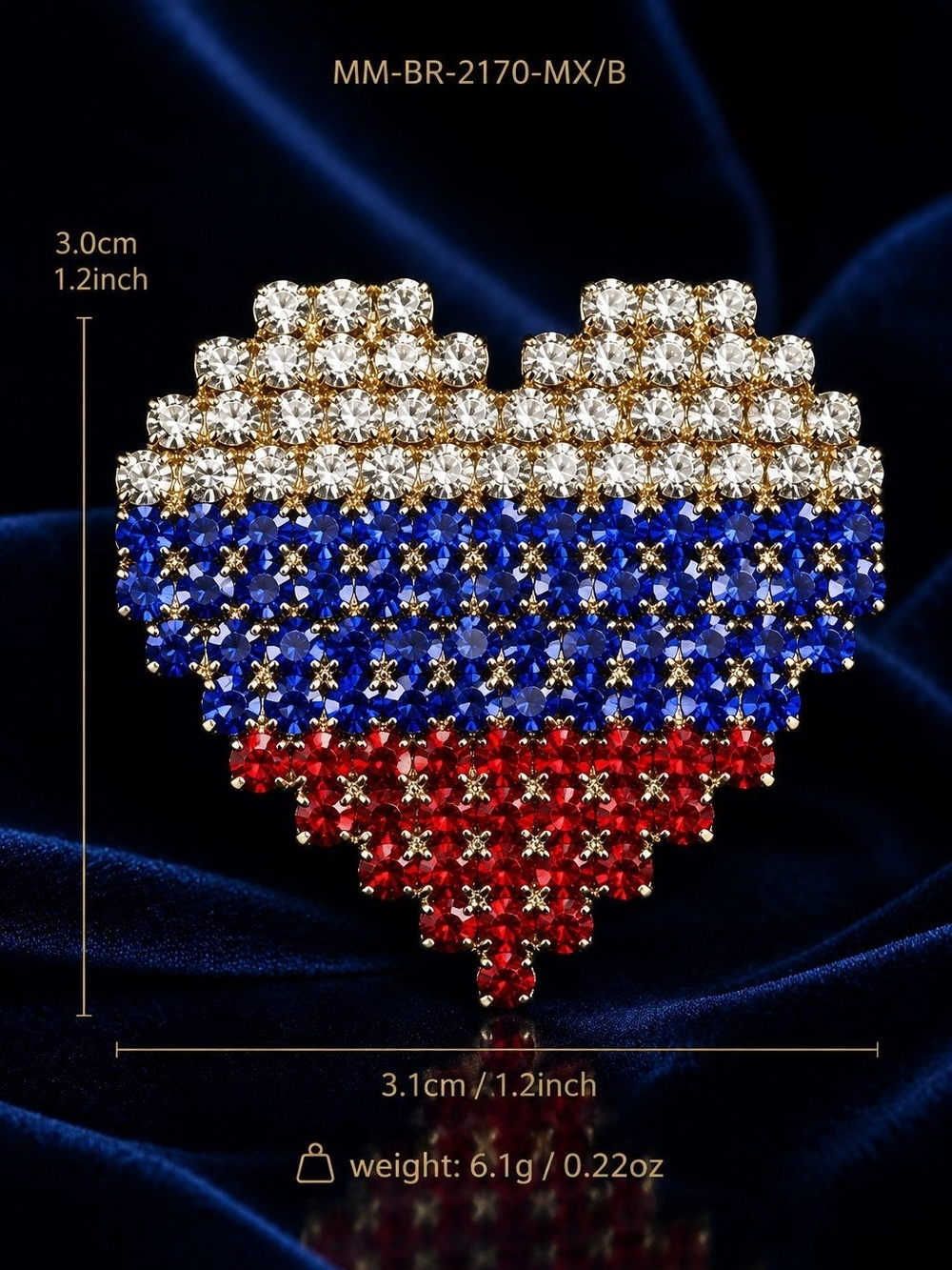 Heart Crystal Pin in White, Blue & Red